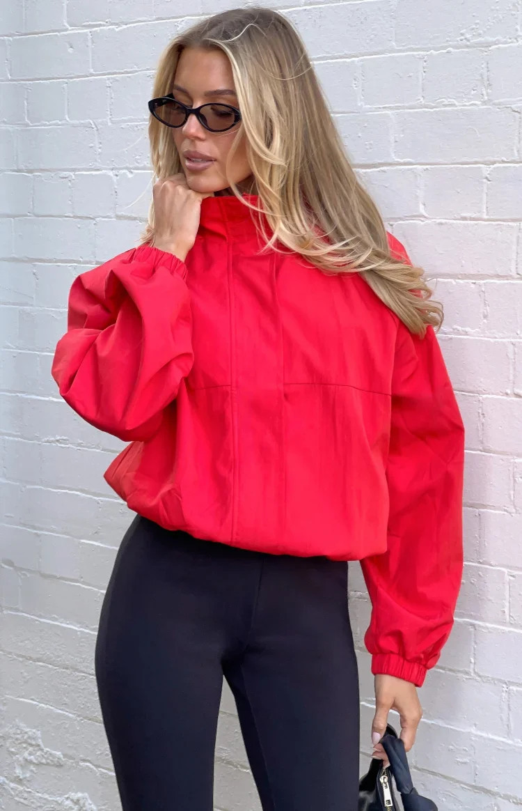Enya Red Funnel Neck Sports Jacket US 12 | Beginning Boutique (US)