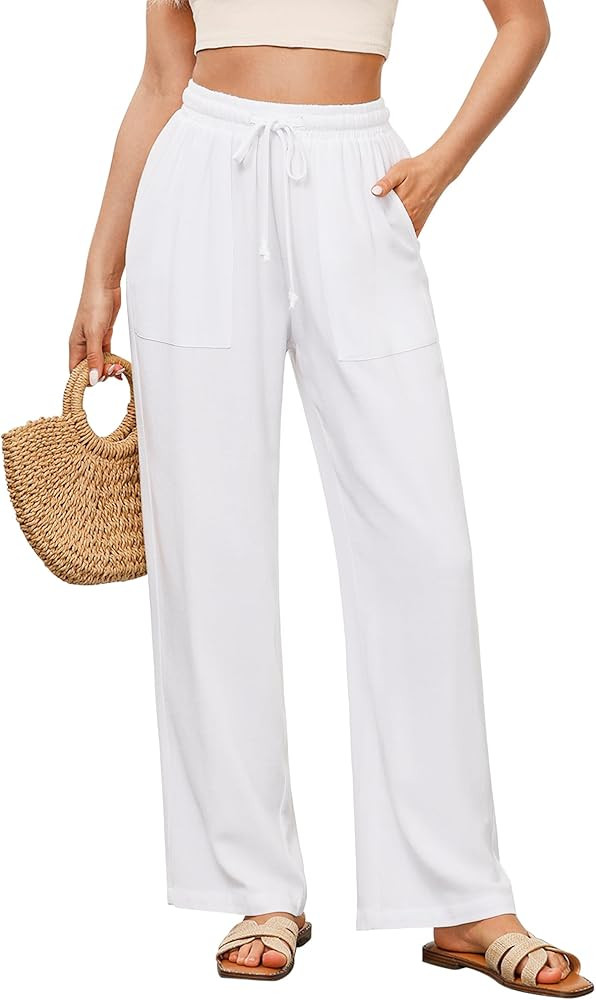 GRAPENT Linen Pants for Women Wide Leg High Waisted Baggy Drawstring Elastic Waist Palazzo Trouse... | Amazon (US)