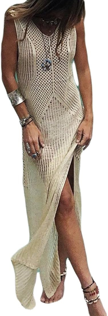 Bsubseach Women Apricot Knitted Hollow Out Sleeveless Bikini Swimsuit Cover Up Swimwear Side Spli... | Amazon (UK)