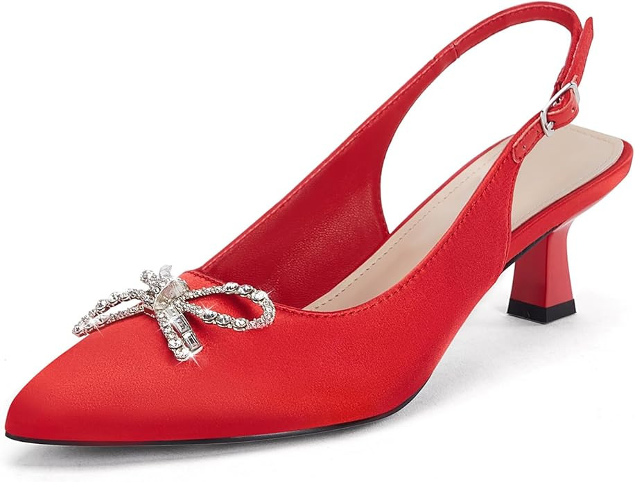Coutgo Womens Kitten Heels Satin Pumps Slingback Pointed Toe Rhinestone Bow Wedding Dress Shoes | Amazon (US)