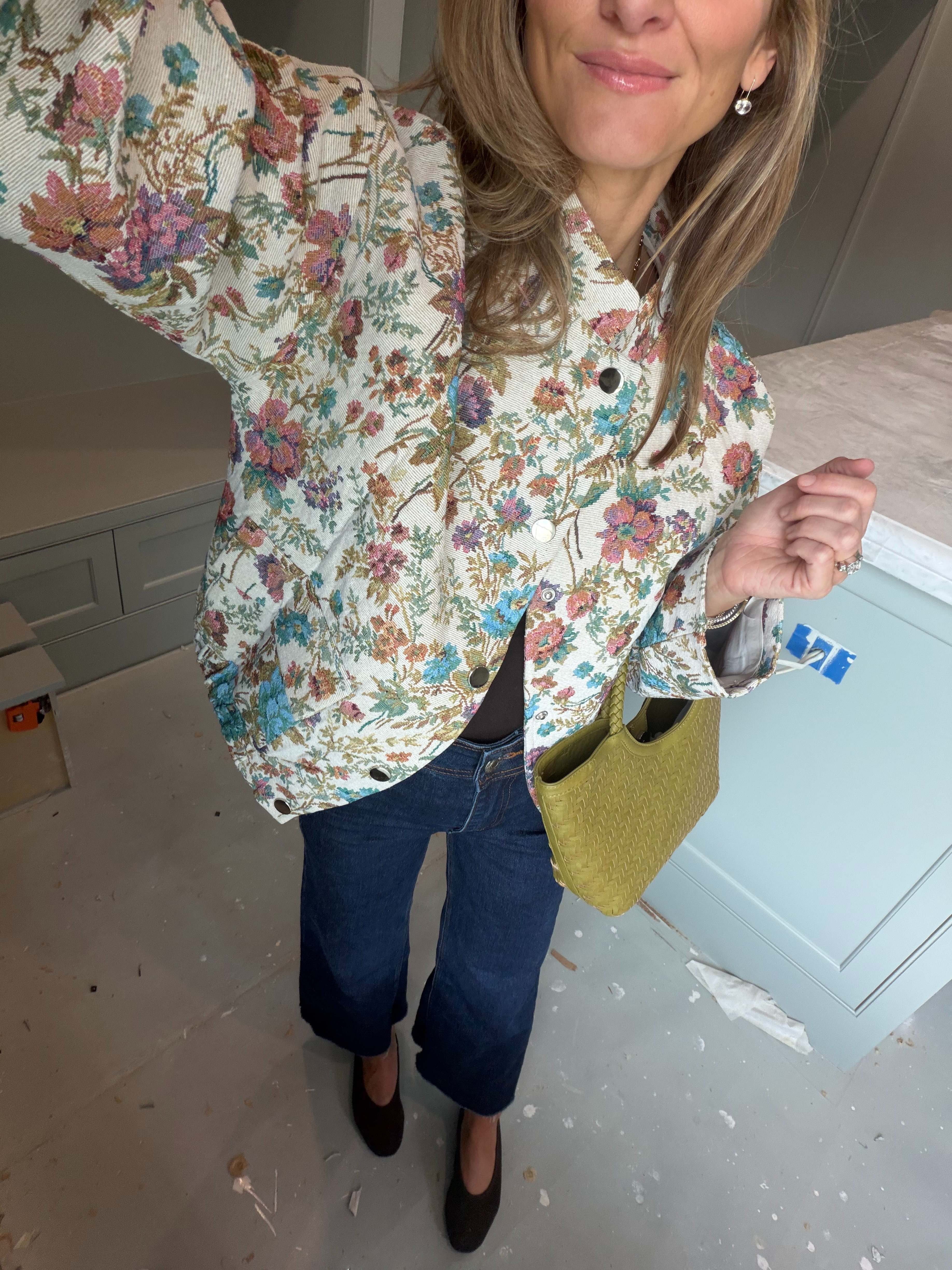 Amazon Floral Jacket (wearing XS) and Amazon stretchy wide leg jeans (had to cut for length!) 

 