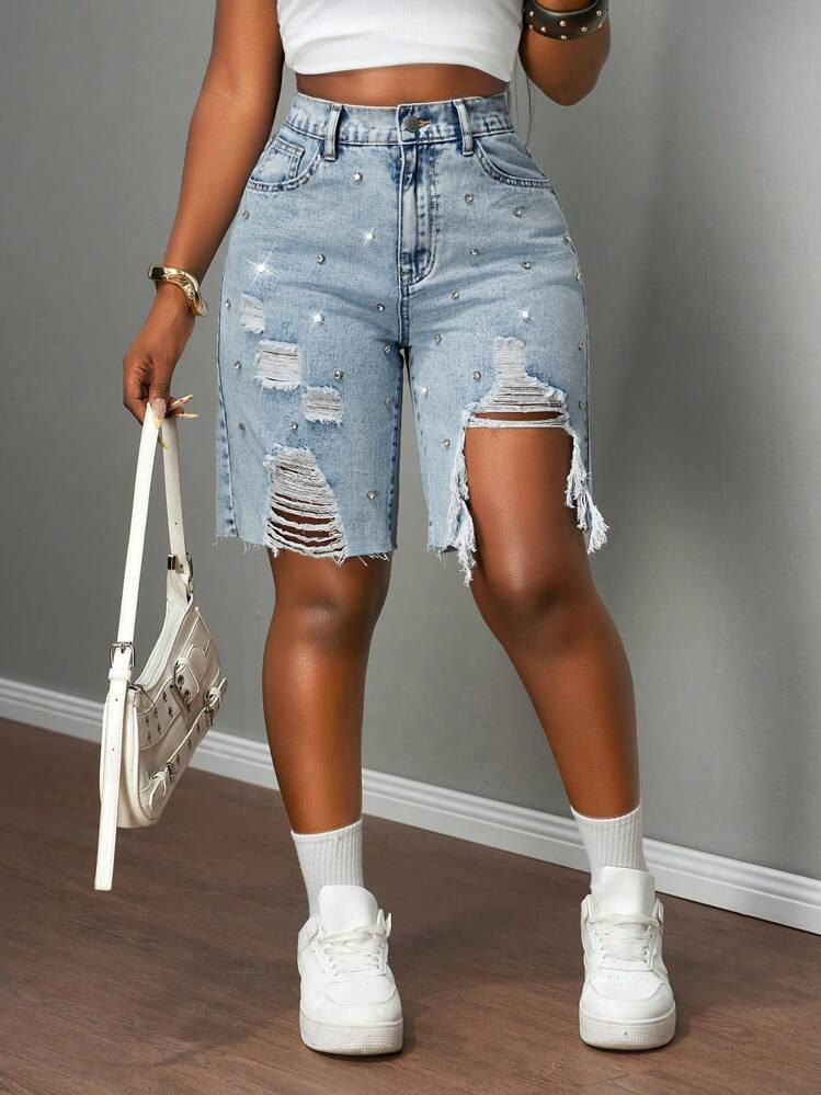 Slaydiva New Women's Denim Shorts Low Waist Loose Ripped 5-Point Pants Loose Bermuda Diamond Decoration / Light Blue Denim Shorts / Autumn Women's Clothing / Back To School / Women's Country Clothing / Country Concert Clothing / Vintage Women's Clothing / Going Out Clothing / Women's Airport Clothing / Women's Street Wear / Y2K Style Women's Clothing Ripped Jean Shorts High Waist Denim Shorts | SHEIN