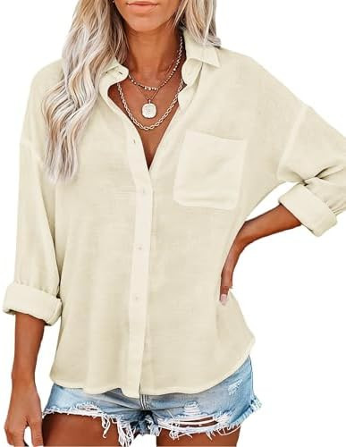 JEKAOYI Womens Button Down Shirts Long Sleeve Linen Casual Collared Blouses Loose Fit | Amazon (US)
