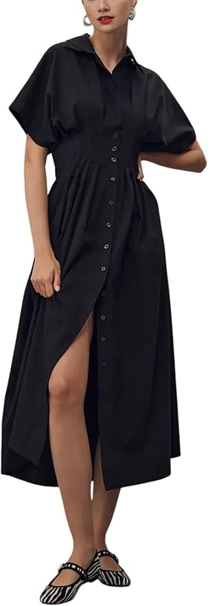 Yeokou Shirt Dress for Women Summer Casual Short Sleeve Button Down Loose Pleated Maxi Sundress w... | Amazon (US)