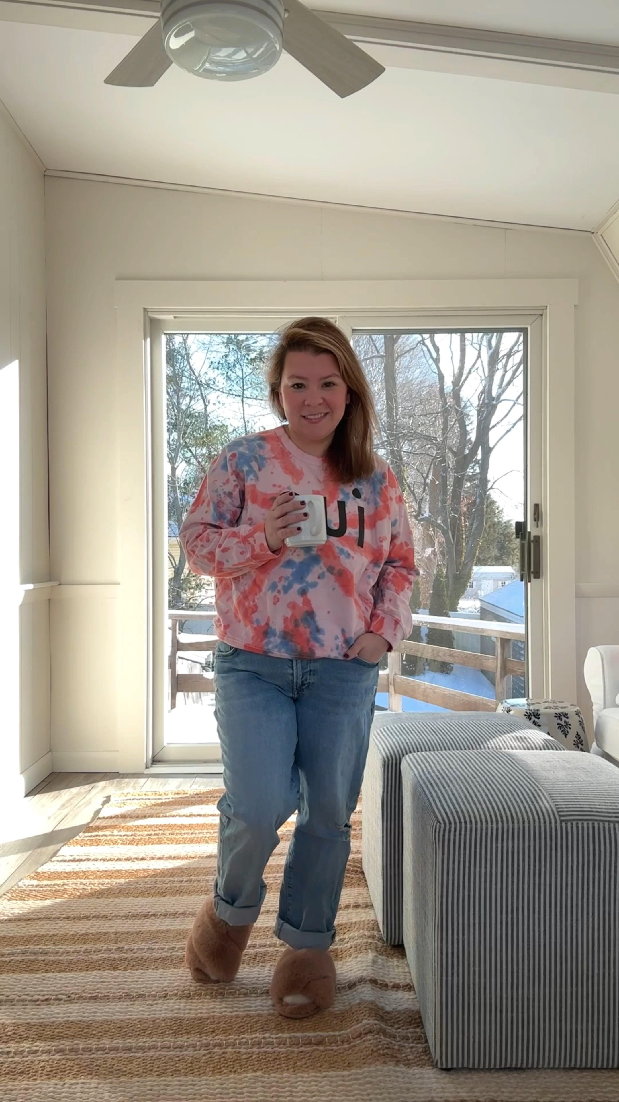 January OOTD challenge 
Day 21
Freezing and a little sick so I’m in a cozy old @shopclarev sweatshirt, slouchy @citizensofhumanity jeans and furry Target slippers 

#LTKMidsize #LTKSeasonal #LTKOver40