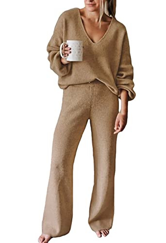 VamJump Women's 2 Piece Outfits Lounge Sets Long Sleeve V Neck Sweater Top Wide Leg Pants Sweatsuit Sets, Khaki XL | Amazon (US)