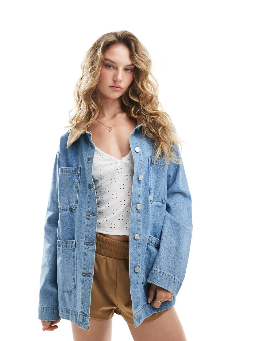 ASOS DESIGN denim barn jacket with contrast collar in midwash blue | ASOS (Global)