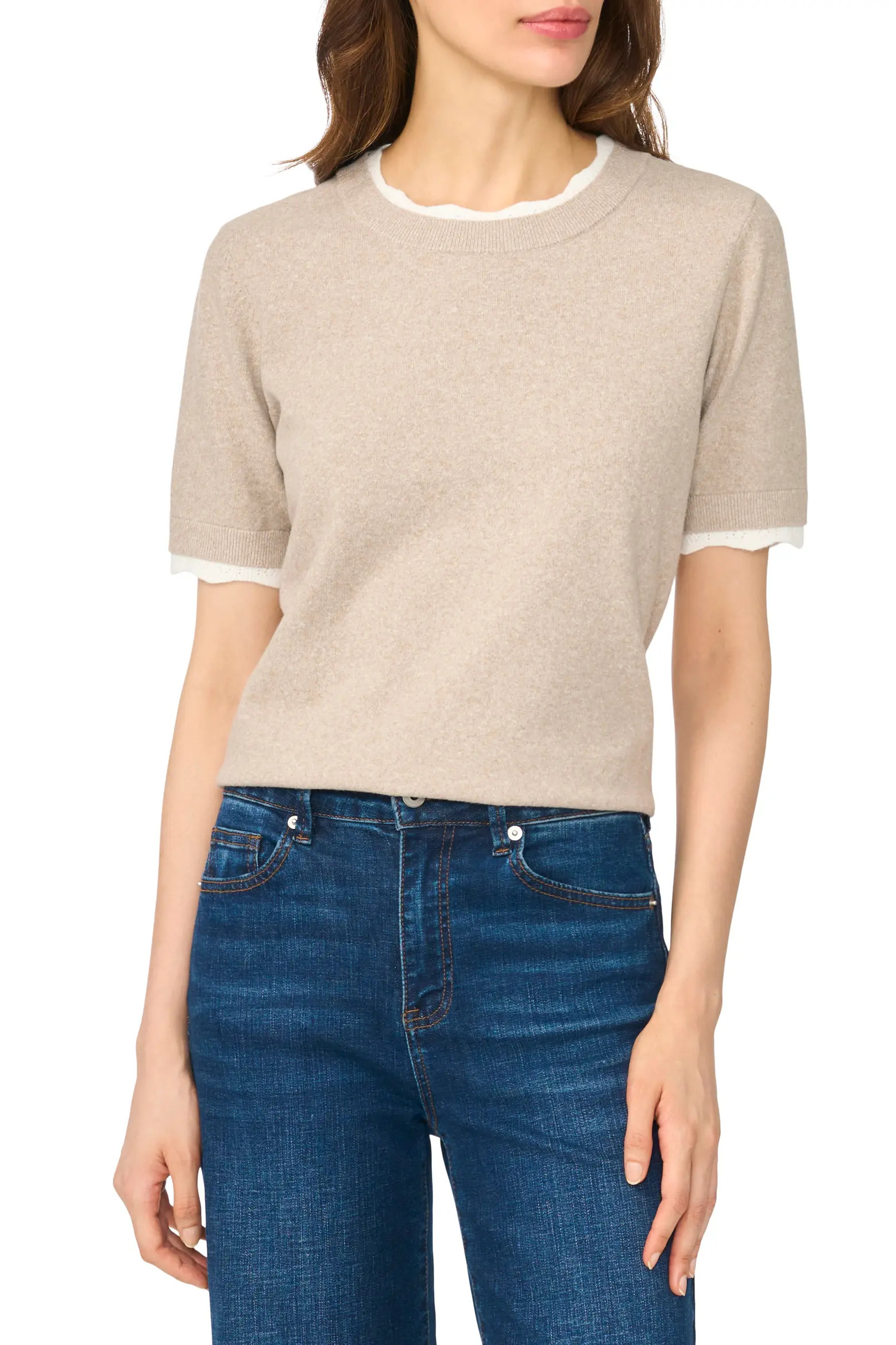 CeCe Lace Trim Short Sleeve Crewneck Sweater (Women) | Nordstrom | Nordstrom