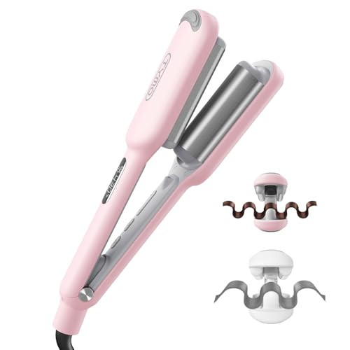 Curling Iron Hair Crimper Waver - TYMO ROVY Beach Waves Curling Wand, Ionic Deep Waver Hair Curler Tool with Ceramic 3 Barrel for Women, Dual Voltage, Anti-Scald, Easy to Use, Pink, 1 Inch | Amazon (US)