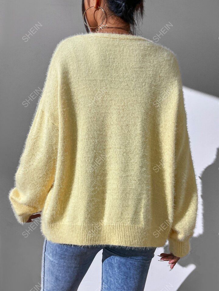 Drop Shoulder Fuzzy Knit Cardigan | SHEIN