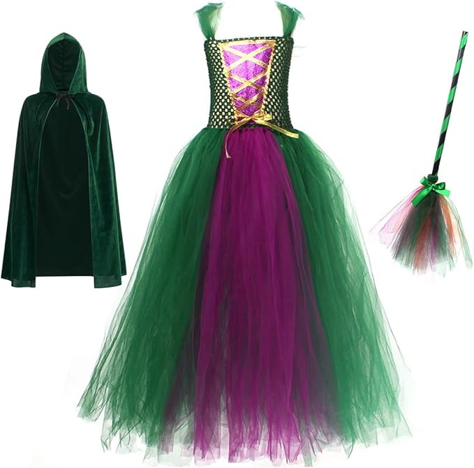AWIBMK Kids Girls Witch Costume Halloween with Hat & Broom Cape Cosplay Fancy Dress Up Outfit Pri... | Amazon (US)