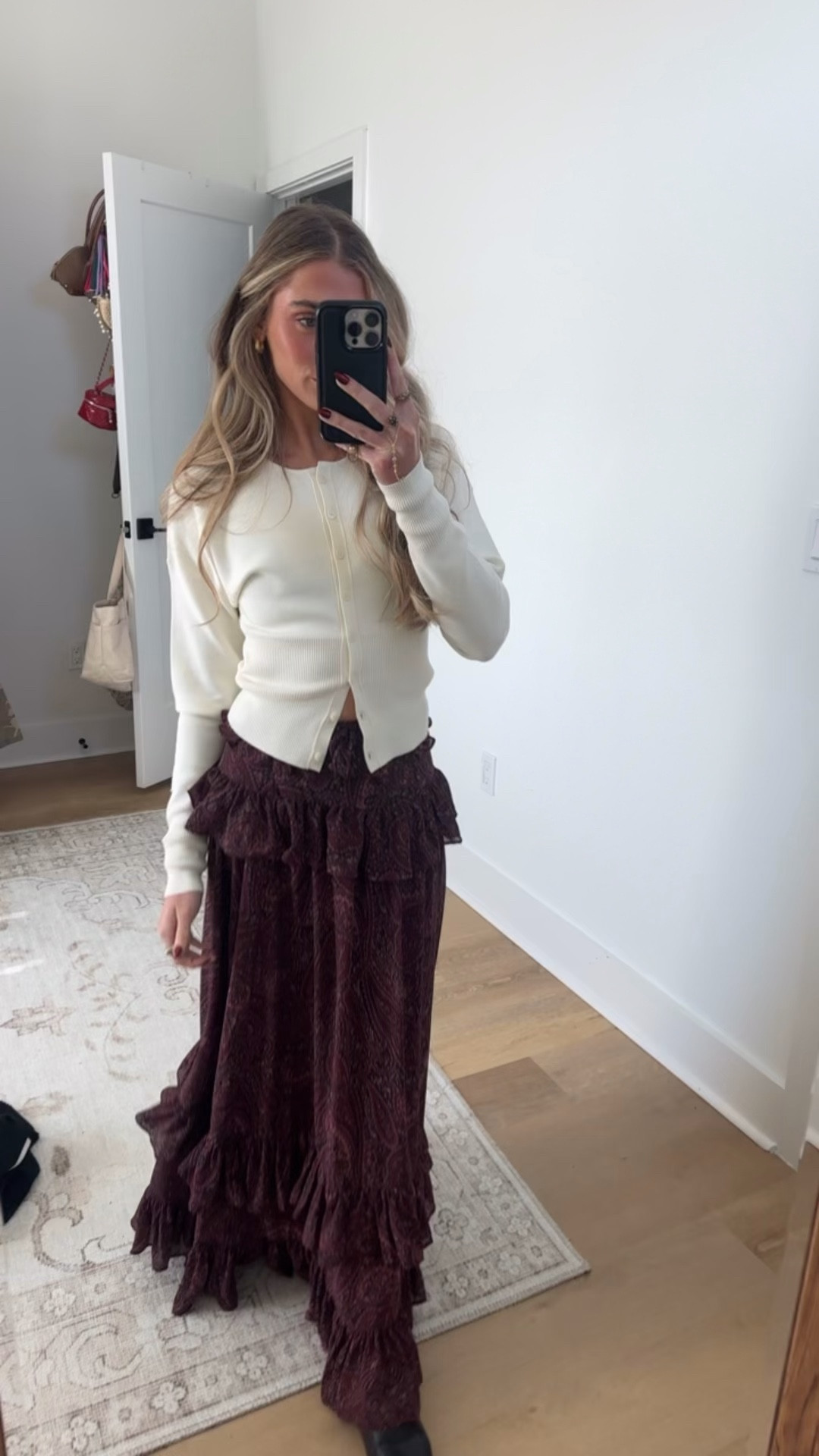 Aritzia size XS Wilfred Golightly Cardigan - Wonder Yarn. My skirt is @shop.AFRM size XS Pierre skirt  

#LTKSaleAlert #LTKSeasonal #LTKFindsUnder100