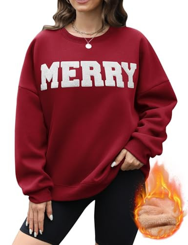 Jyanl Christmas Sweatshirts Hoodies Merry Sweaters Tops Fleece Pullover Hoodie Crewneck Oversized Sherpa Lined Hoodie Red | Amazon (US)