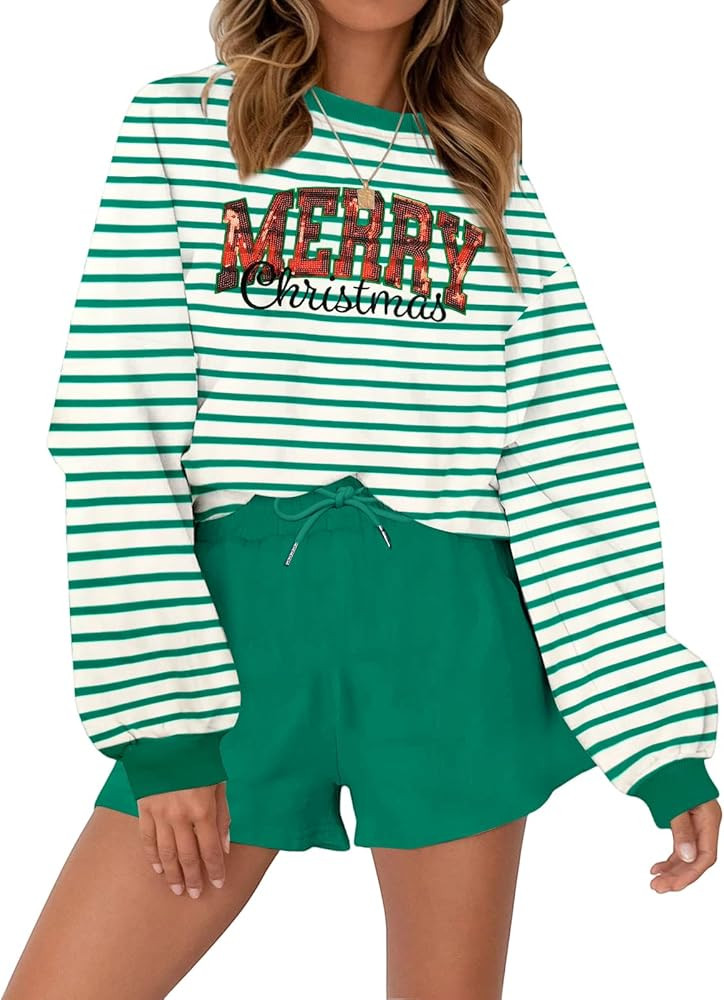 VILOVE Christmas Sweat Shorts Sets Women 2 Piece Merry Xmas Jolly Sequin Outfit Oversized Casual ... | Amazon (US)