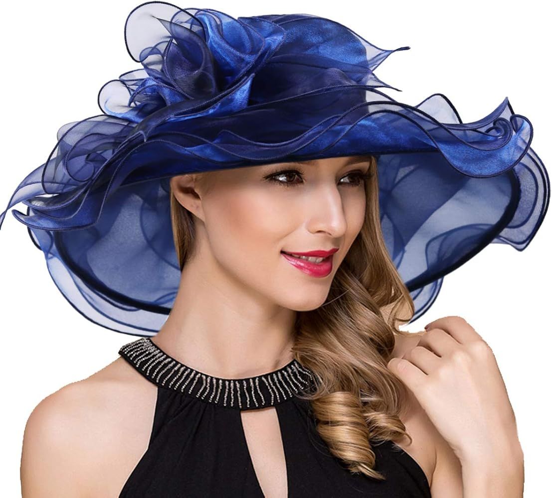 Women Kentucky Derby Church Dress Fascinator Wide Brim Tea Party Wedding Hats S042b | Amazon (US)