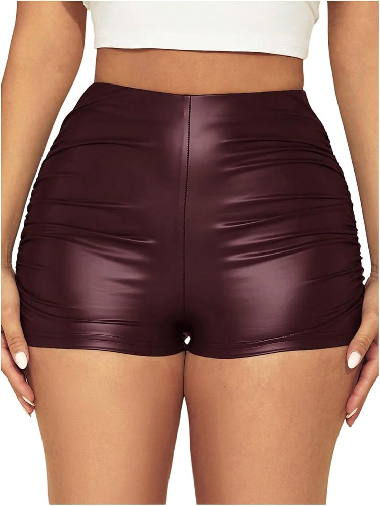 WDIRARA Women's Sexy Faux Leather Skinny High Waisted Shorts Ruched Stretch Mini Short | Amazon (US)