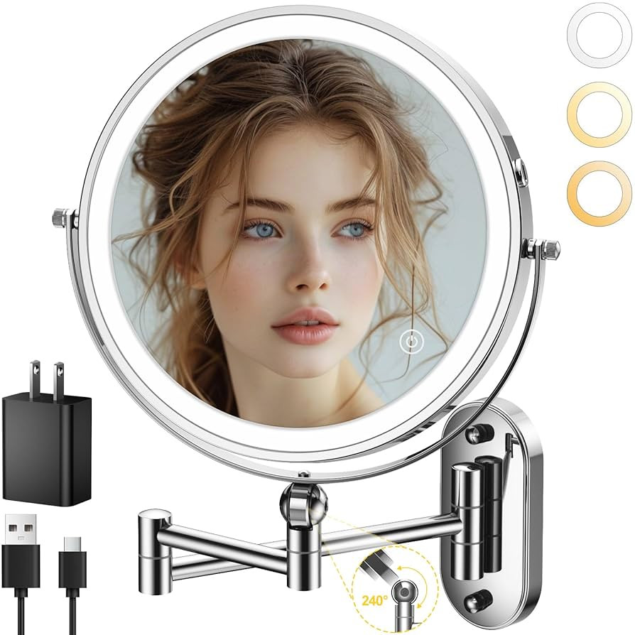9" Wall Mounted Lighted Makeup Mirror,4000mAh Rechargeable Double Sided 1X/10X Magnifying Mirror ... | Amazon (US)