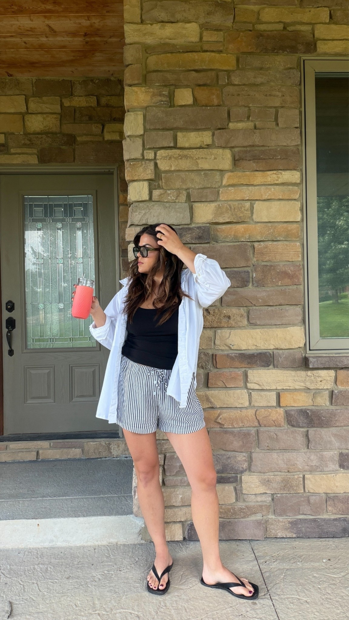 Pinterest inspired early fall transitional outfit of the day!

Striped shorts from Amazon size large
Built-in bra tank top from Amazon size large
Oversize Poplin button up XL

Midsize, size 12, size 14, mom style, curvy outfit, thick tummy approved