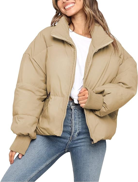 KYL Women's Winter Puffer Jacket Cropped Full-Zip Pockets Quilted Padded Bubble Coat | Amazon (US)