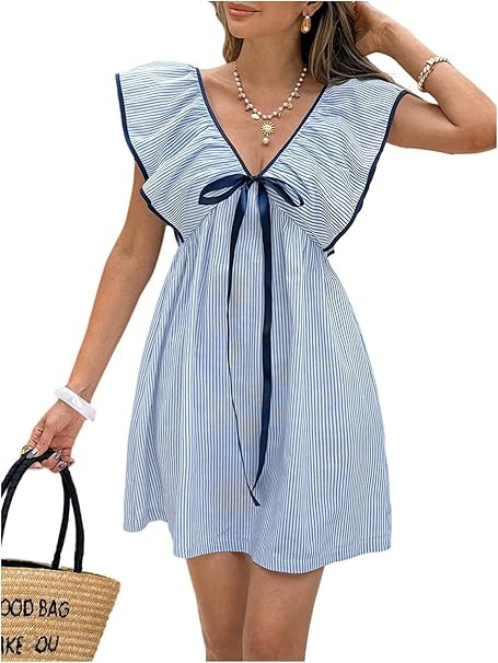RoseSeek Women's Striped Bowknot Babydoll Dress Contrast Trim Ruffle Sleeve Mini Dress Going Out ... | Amazon (US)