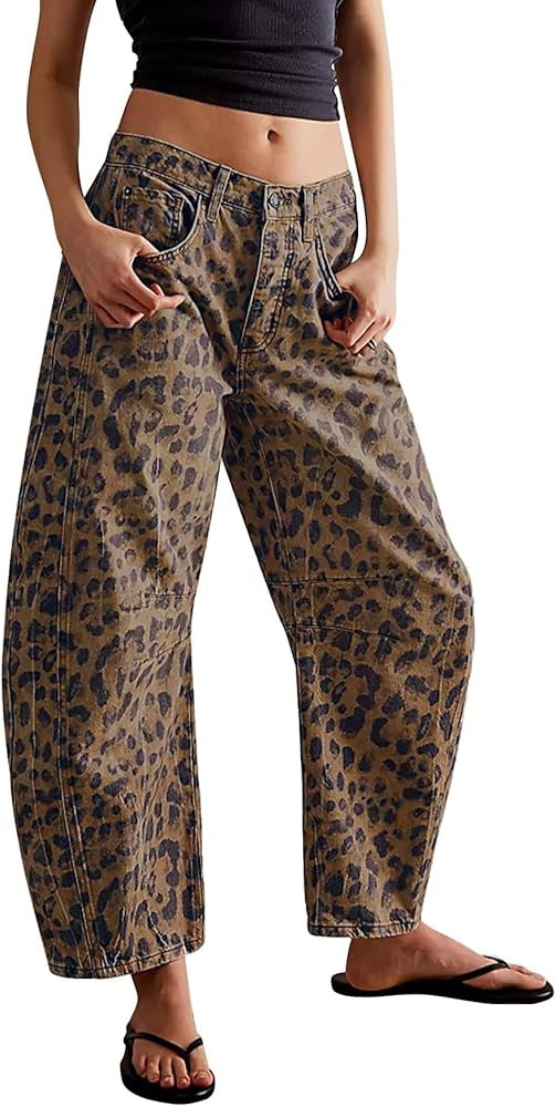 Kedera Women's Baggy Barrel Jeans Casual Boyfriend Mid Rise Leopard Printed Wide Leg Denim Ankle ... | Amazon (US)