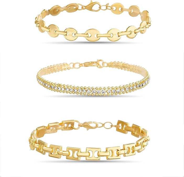 Nautica Fancy Link Rhinestone Bracelet Set for Women 14K Yellow Gold Plated Alloy | Amazon (US)