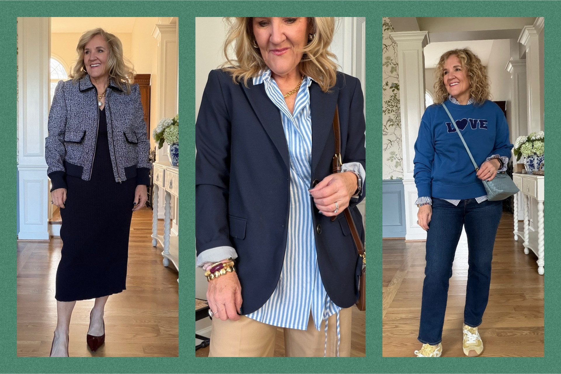 Navy and blue favorites to refresh your January style. 
Size up in the ribbed dress 
Everything else true to size! 

@loft @jcrewfactory 

#LTKootd #LTKWorkwear #LTKOver40