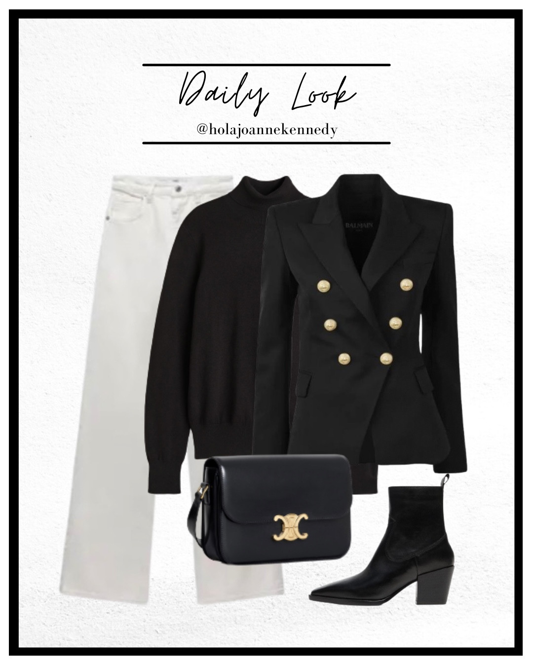 black double breasted blazer, gold button blazer, white flare jeans, white flared denim outfit, black knit jumper outfit, chic monochrome outfit, classic blazer outfit women, old money style outfit, black and white outfit aesthetic, Celine crossbody bag outfit 

#LTKuk #LTKeurope #LTKspring
