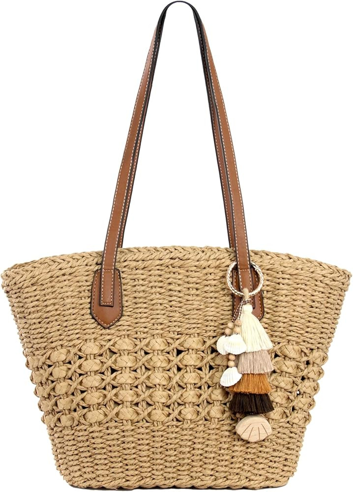 RUNROLE Straw Purse with Tassel Hat Clip, Beach Bag for Women, Handmade Large Woven Purse, Summer... | Amazon (US)