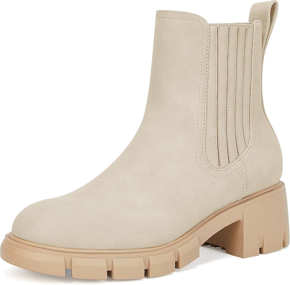 Womens Lug Sole Platform Ankle Boots Chelsea Booties Low Chunky Block Heel Slip On Elastic Fall Wint | Amazon (US)