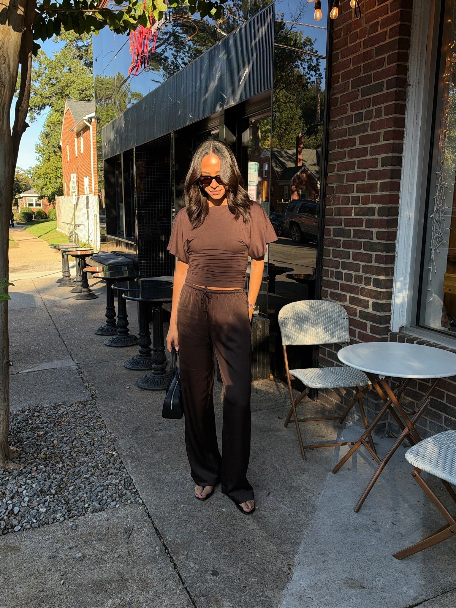 Perfect fall date night outfit that’s elevated but still so comfy! The chocolate brown color of these pants is stunning! Wearing size S top and XS Long satin pants - I’m 5’8” for reference 🤎

fall outfit, fall fashion, dinner outfit, fall transitional outfit, satin pants outfit