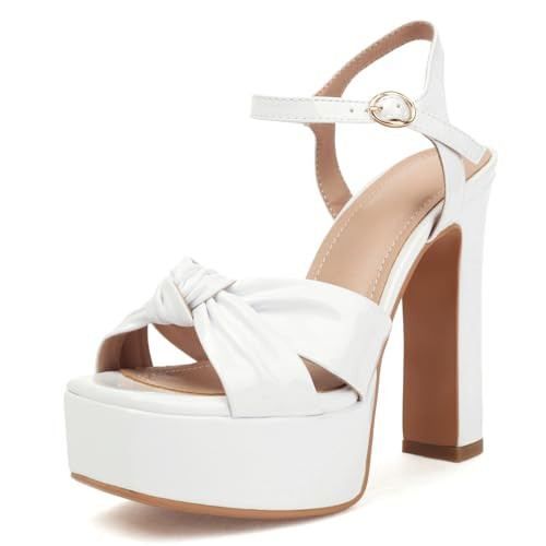 Latasa Women's White Platform Heels High Chunky Block Heels Ankle Strap Open Toe Heeled Sandals (9.5, White) | Amazon (US)
