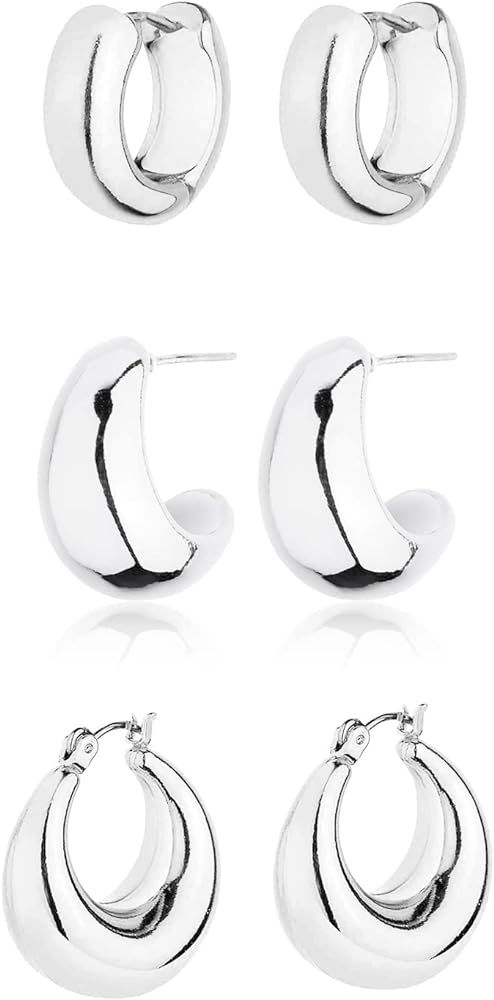 Gold Chunky Hoop Earrings Set for Women, 14K Gold Plated Twisted Huggie Hoop Earring Hypoallergenic, Thick Open Hoops Set Lightweight | Amazon (US)