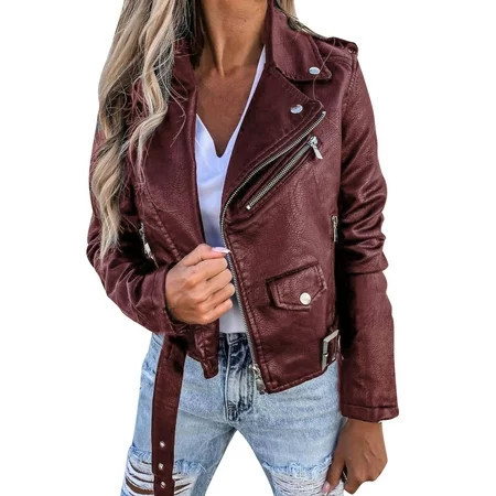 Avdjesfny Leather Jacket for Women Vegan Jackets Moto Biker Motocycle Coat Autumn Winter Jacket PU Leather Coat Jacket Locomotive Short Style Zipper Coat Warm Coats | Walmart (US)