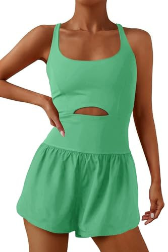 ReachMe Womens Workout Athletic Romper Running Onesie Workout One Piece Jumpsuits Gym Outfit with Pockets(Lime Green,M) | Amazon (US)