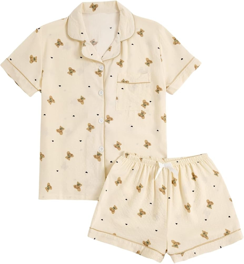 Verdusa Women's 2 Piece Pajama Set Lightweight Summer Pajamas Cute Pjs Sets Sleepwear Button Up L... | Amazon (US)