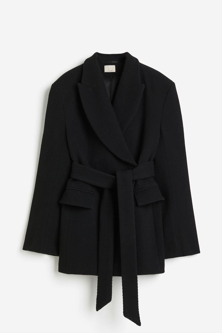 Wool-blend tie-belt blazer - Black - Ladies | H&M GB | H&M (UK, MY, IN, SG, PH, TW, HK)