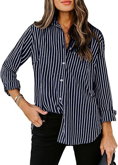 siliteelon Womens Button Down Shirts Cotton Striped Dress Shirt Long Sleeve Collared Office Work ... | Amazon (US)