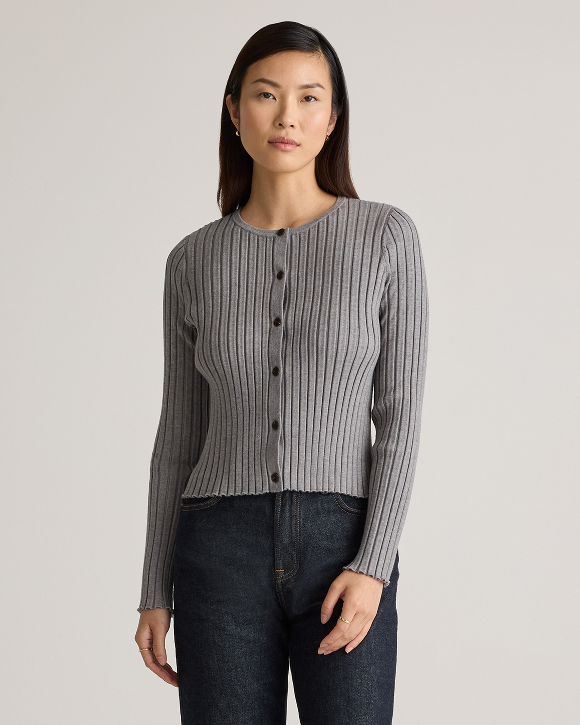 Quince | Women's Eco-Knit Cropped Rib Cardigan Sweater in Heather Grey, Size XL | Quince