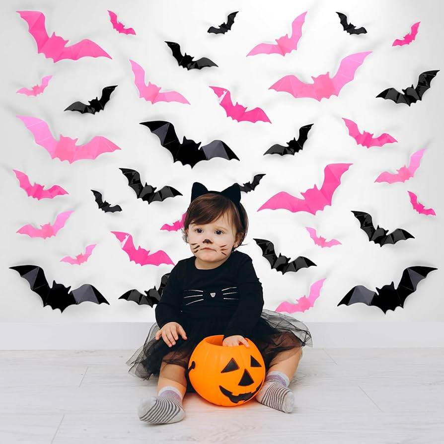 Whaline 112Pcs Halloween Wall Decoration 3D Bats with Foam Adhesive Black Pink Rose Red Waterproo... | Amazon (US)