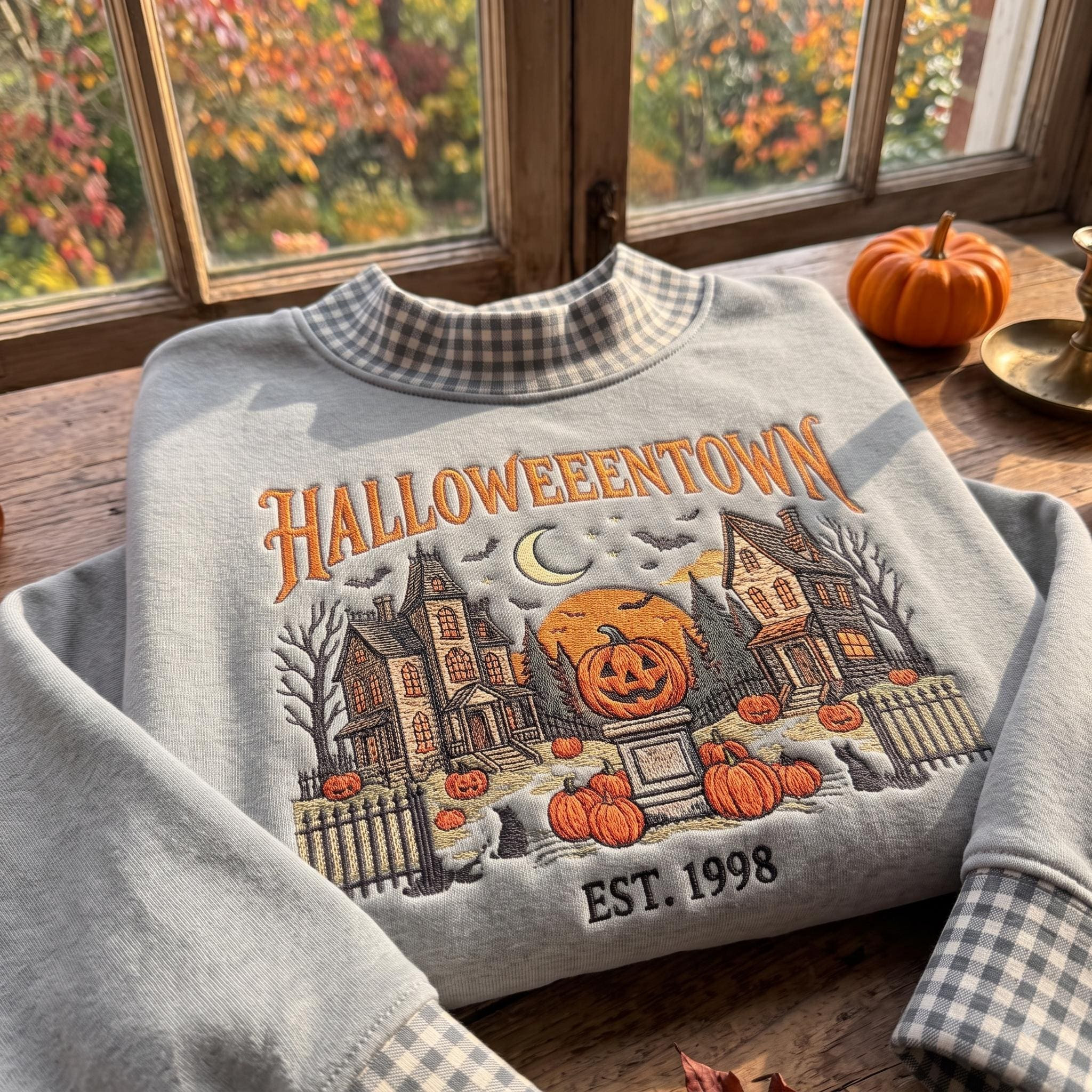HalloweenTown Embroidered Gingham Mock neck Sweatshirt, Spooky Village Shirt, Haunted House Pumpkin Shirt, Retro Fall Halloween Gift | Etsy (Global)