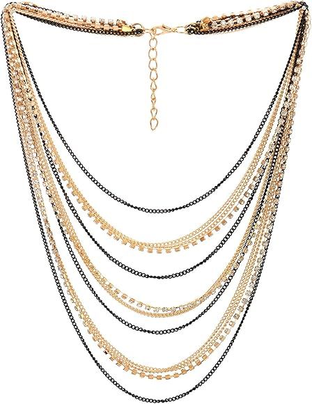 COOLSTEELANDBEYOND Waterfall Multi-Strand Chains Statement Collar Necklace with Rhinestones Chain... | Amazon (US)