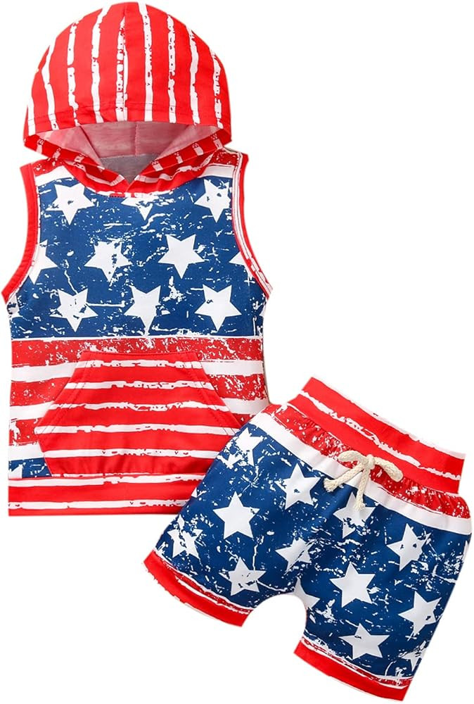Toddler Baby Boy 4th of July Outfit Sleeveless American Flag Hooded Vest Tant Top Shorts 2Pcs Clo... | Amazon (US)