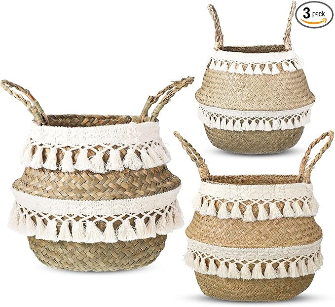 Wesiti 3 Set Seagrass Belly Basket Woven Plant Pot Holder Basket with Handles Tassels handmade Ho... | Amazon (US)
