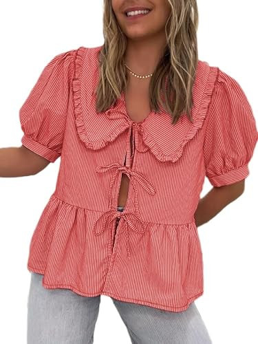 Women Tie Front Peplum Tops Y2K Puff Short Sleeve Peplum Shirts Cute Ruffle Hem Babydoll Blouse Top Going Out Tops (Red, XL) | Amazon (US)