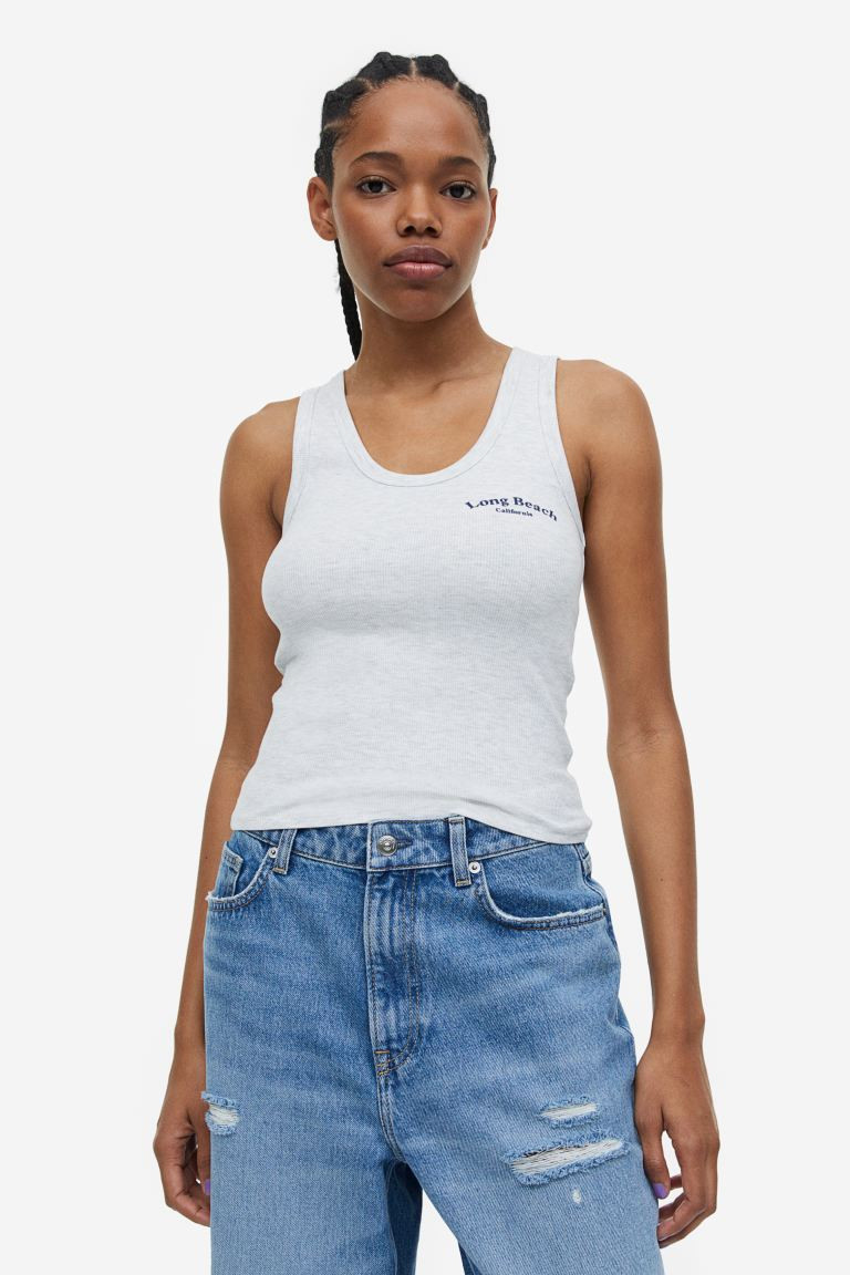 Ribbed Cotton Tank Top - Light gray melange/Long Beach - Ladies | H&M US | H&M (US + CA)