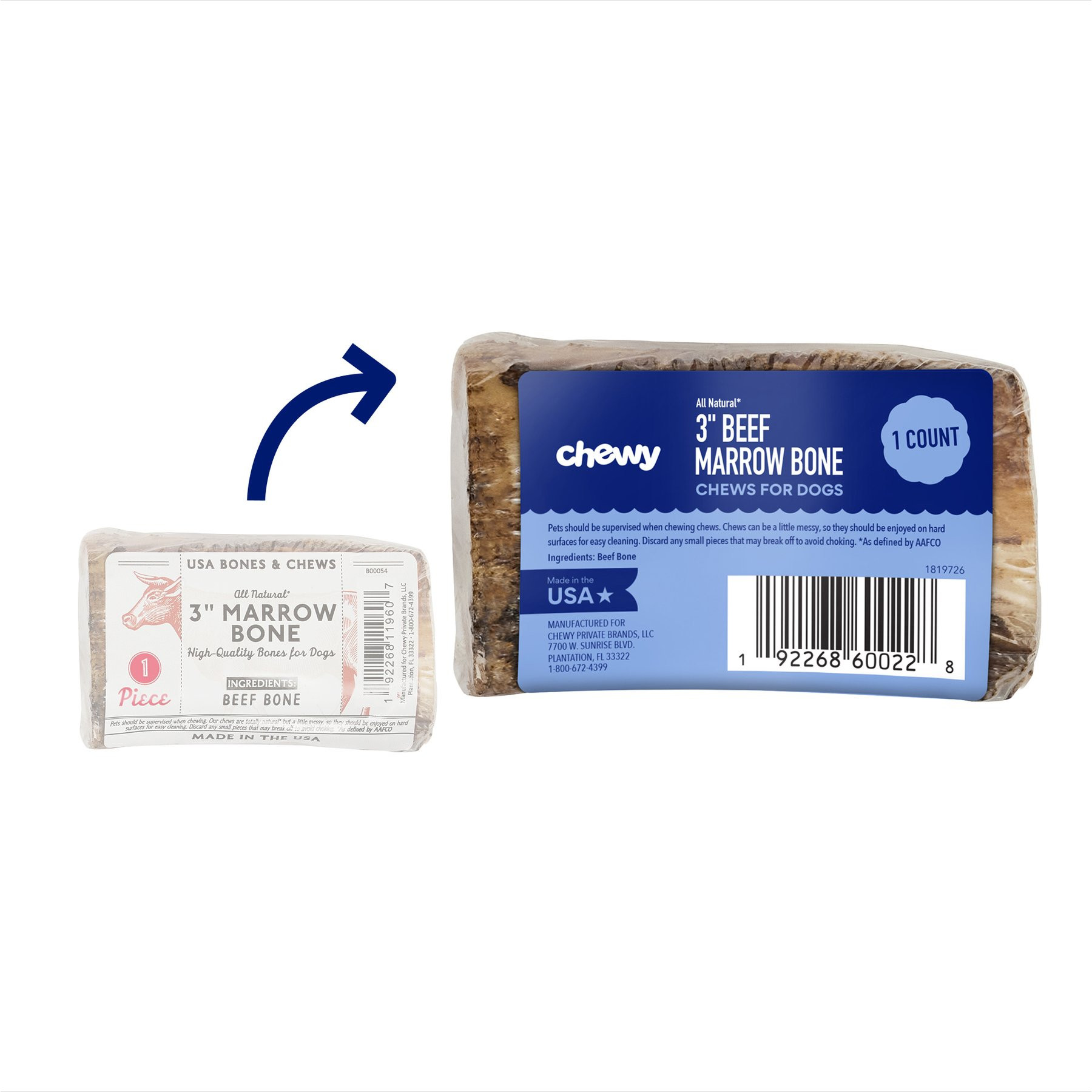 Chewy Made Roasted Marrow Bone 3" Dog Treat (FORMERLY BONES & CHEWS), 1 count | Chewy