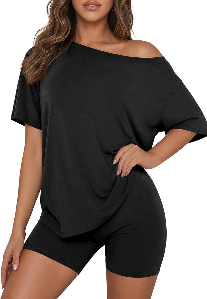 Fisoew Womens 2 Piece Lounge Sets Summer Matching Sets Oversized T Shirts and Biker Shorts 2026 T... | Amazon (US)