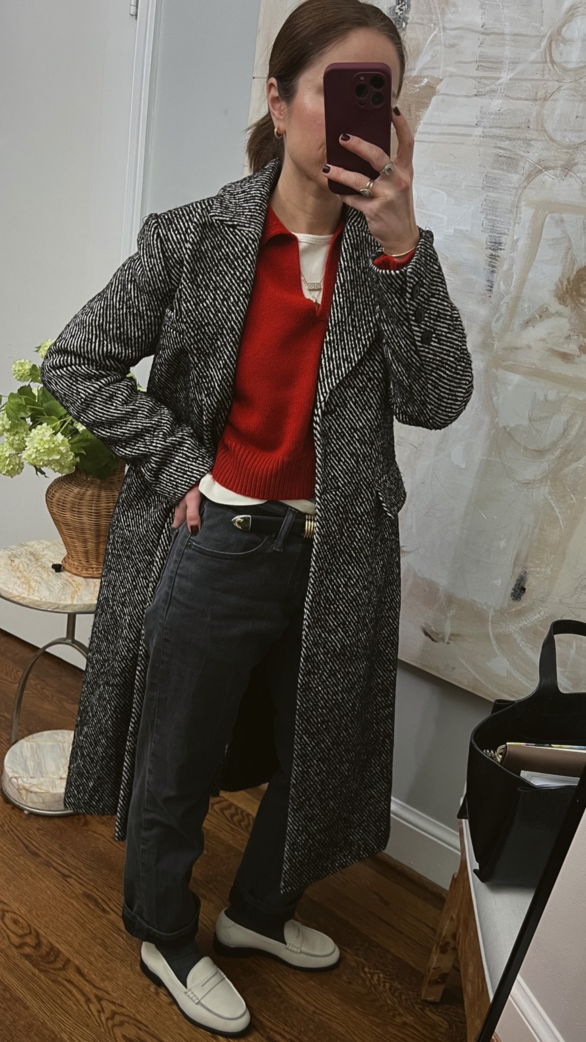 Casual chic outfit of the day
ALIGNE long coat CODE: KELLY-20
Vintage black washed Levi’s
KOIO white loafers
Lou Lou Studio Red sweater old 
Dehanche hollyhock belt — love it but the gold finish does start to rub
Off with excessive wears 

#LTKshoecrush #LTKstyletip