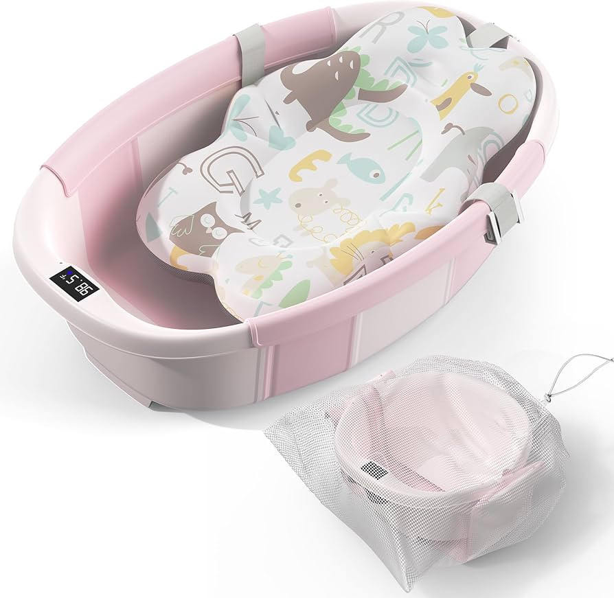 Collapsible Baby Bathtub - Large Baby Bath Tub with Thermometer & Cushion | Travel Portable Newbo... | Amazon (US)